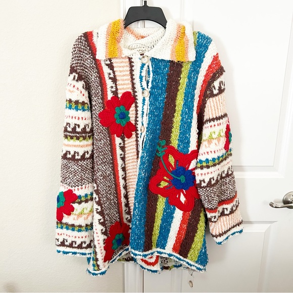 NWT Free People Terry Towel Floral Graphic Cardigan Sweater - Picture 3 of 7